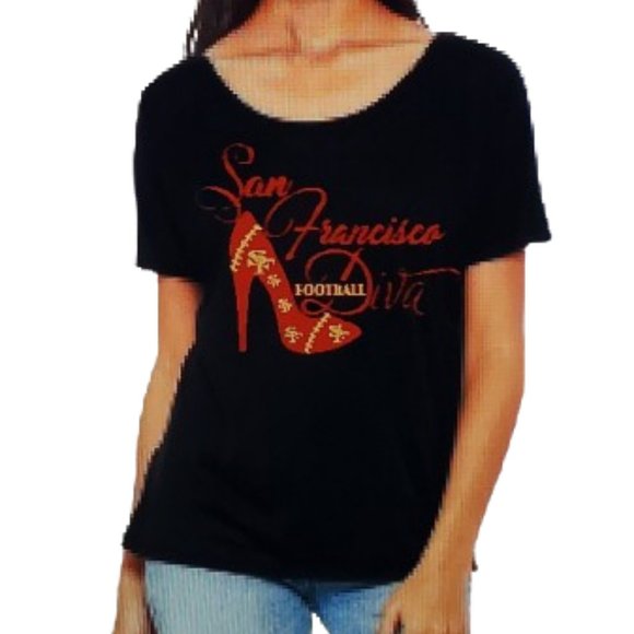 San Francisco Football Diva Black Slouchy Tee with Shiny Glitter Lettering. - Picture 3 of 3